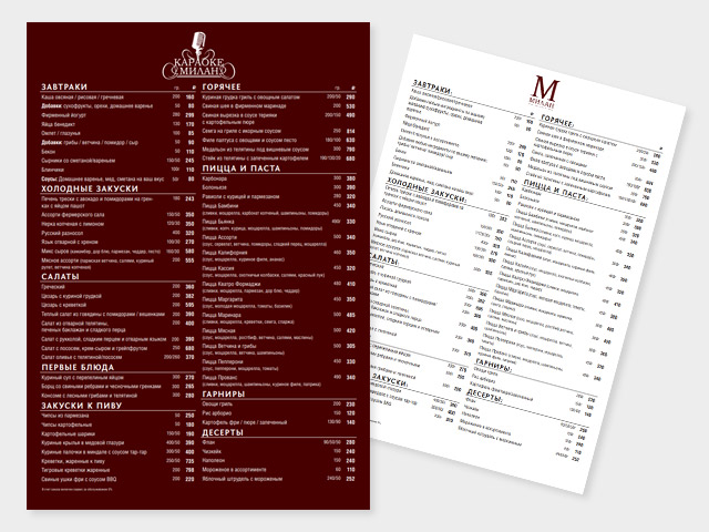 Дизайн-макеты меню для ресторана «Милан»